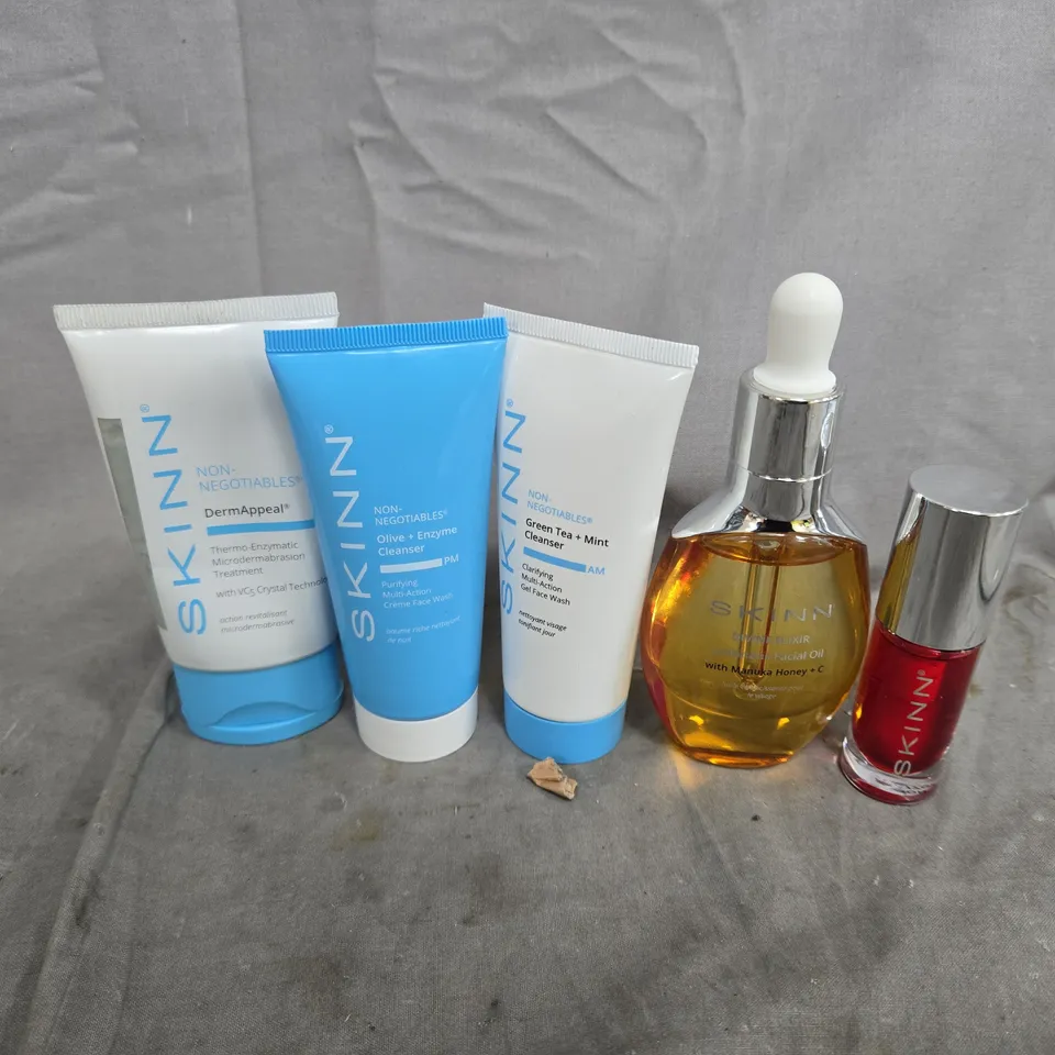 5 PC SKINN SET TO INCLUDE GEL FACE WASH, CREME FACE WASH, LUMINOUS FACIAL OIL, ETC