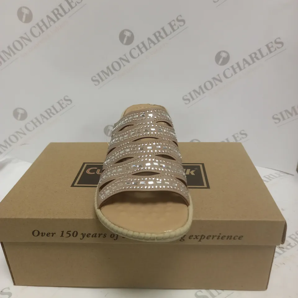 BOXED PAIR OF CUSHION WALK DIAMANTE MULES, TAUPE - SIZE 5
