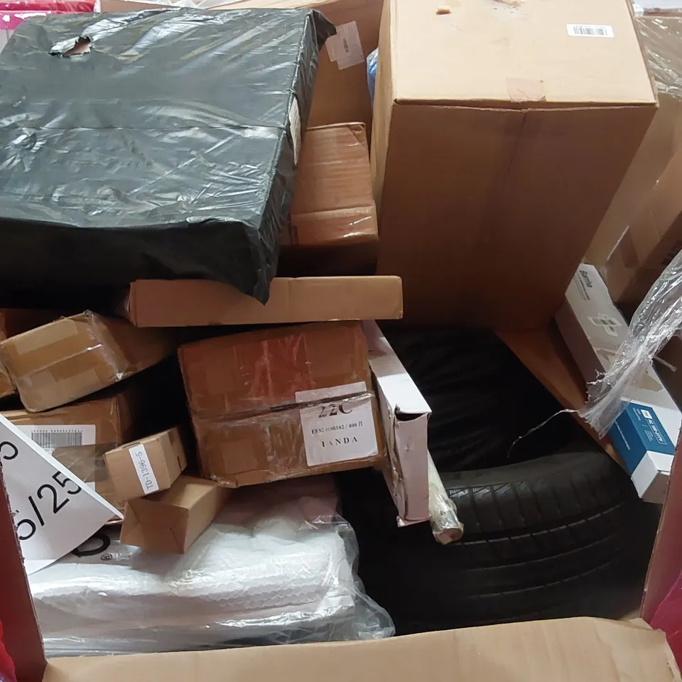 PALLET OF ASSORTED HOUSEHOLD GOODS AND PRODUCTS TO INCLUDE; WALL CLOCK, SAFETY GATES, LED LIGHTS, CAR TYRE, BOXED FURNITURE ETC
