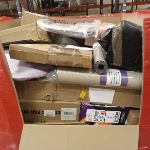 PALLET OF ASSORTED HOUSEHOLD GOODS AND PRODUCTS TO INCLUDE; INLINE SKATES, KIDS SCOOTER, CEILING FAN WITH LIGHT ETC