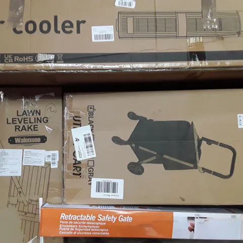 PALLET TO CONTAIN AN ASSORTMENT OF HOUSEHOLD ITEMS TO INCLUDE RETRACTABLE GATES, LAWN LEVELLING RAKE AIR COOLER AND CART ECT