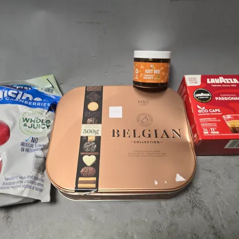 APPROXIMATELY 10 ASSORTED FOOD & DRINK ITEMS TO INCLUDE - JUST BEE HONEY , M&S BELGIAN COLLECTION BISCUITS  , LAVAZZA ESPRESSO PASSIONALE ETC