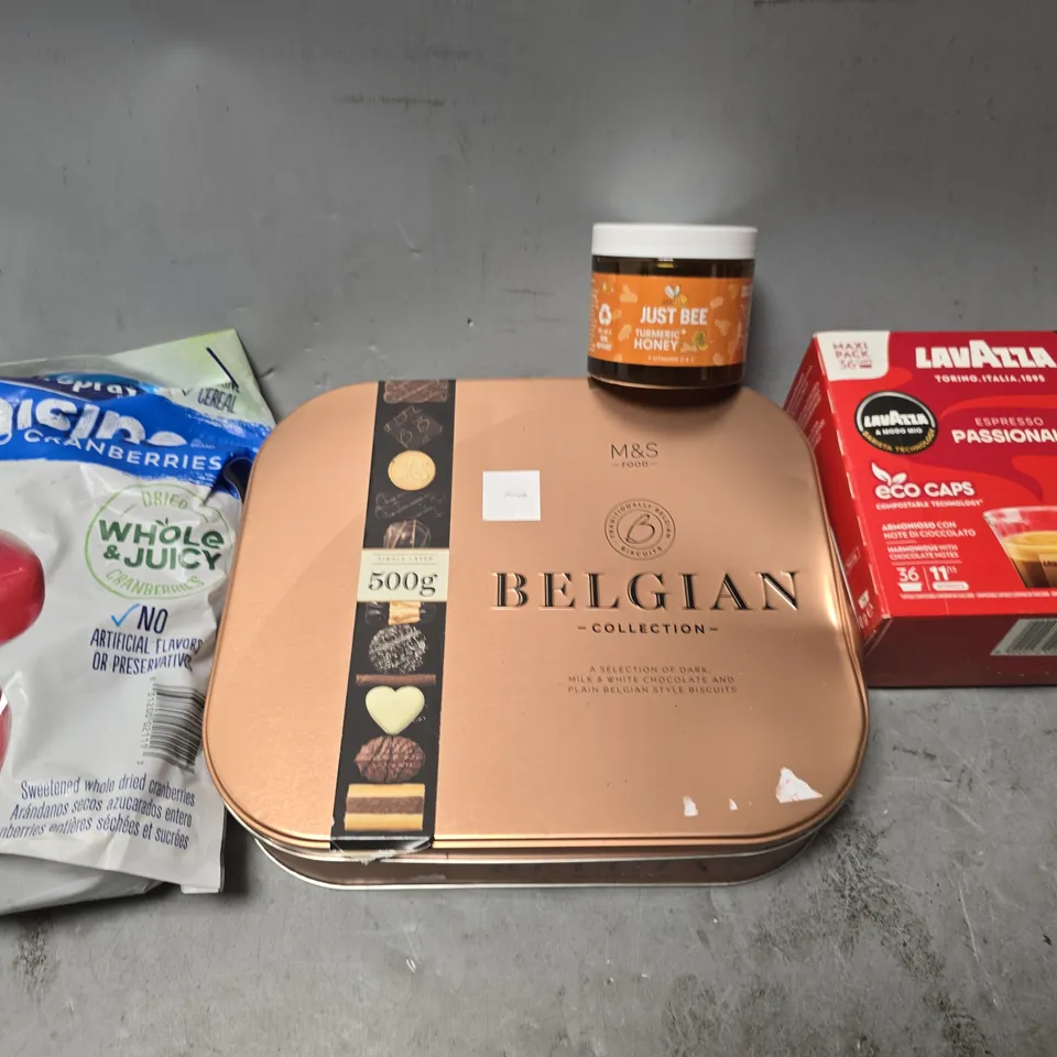 APPROXIMATELY 10 ASSORTED FOOD & DRINK ITEMS TO INCLUDE - JUST BEE HONEY , M&S BELGIAN COLLECTION BISCUITS  , LAVAZZA ESPRESSO PASSIONALE ETC