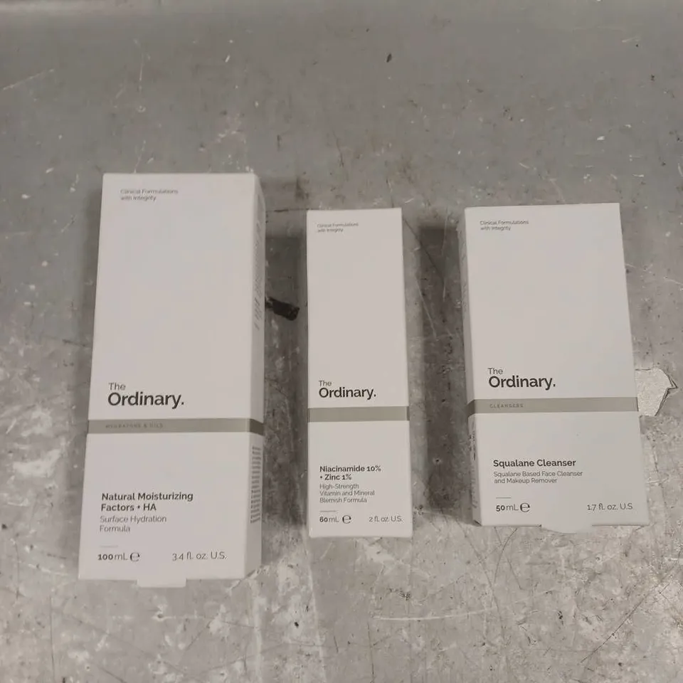 THE ORDINARY LOT OF 3 SKINCARE PRODUCTSTO INCLUDE - NIACINAMIDE 10% BLEMISH FORMULA - SURFACE HYDRATION FORMULA - SQUALANE CLEANSER - ETC