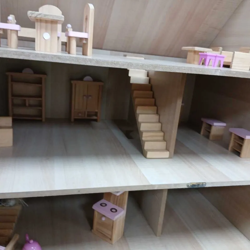 VINTAGE WOODEN DOLL'S HOUSE WITH MINIATURE FURNITURE – PINK EXTERIOR, 3-STOREY