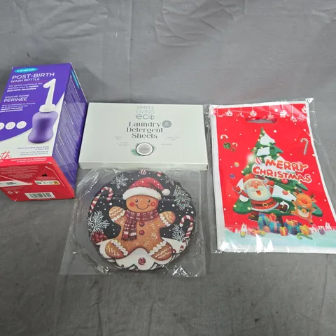 APPROXIMATELY 15 ASSORTED HOUSEHOLD ITEMS TO INCLUDE XMAS DECORATIONS, DETERGANT SHEETS AND POST BIRTH WASH BOTTLE