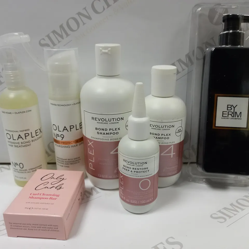BOX OF 7 ITEMS TO INCLUDE REVOLUTION BOND PLEX SHAMPOO, OLAPLEX HAIR TREATMENT, OLAPLEX NOURISHING HAIR SERUM