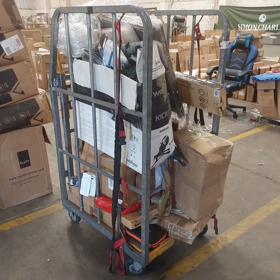 CAGE OF ASSORTED CONSUMER PRODUCTS INCLUDING: SHOE RACK, RATTAN FURNITURE PARTS, ARTIFICIAL CHRISTMAS TREE PARTS, FACE MASKS ECT // CAGE NOT INCLUDED 