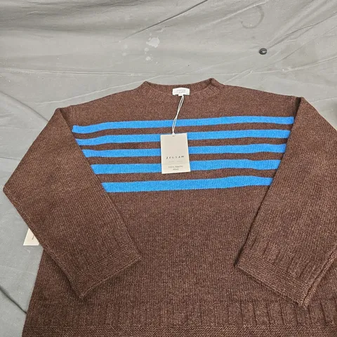 JIGSAW STRIPE GUERNSEY JUMPER - BROWN WITH BLUE STRIPE, UK 6 (X SMALL)