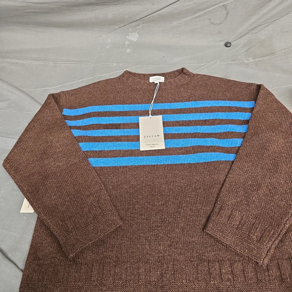 JIGSAW STRIPE GUERNSEY JUMPER - BROWN WITH BLUE STRIPE, UK 6 (X SMALL)