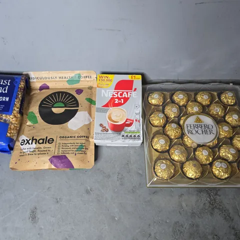 APPROXIMATELY 10 ASSORTED FOOD & DRINK ITEMS TO INCLUDE -  FERRERO ROCHER , NESCAFE 2 IN 1 , EAST END POPCORD ETC