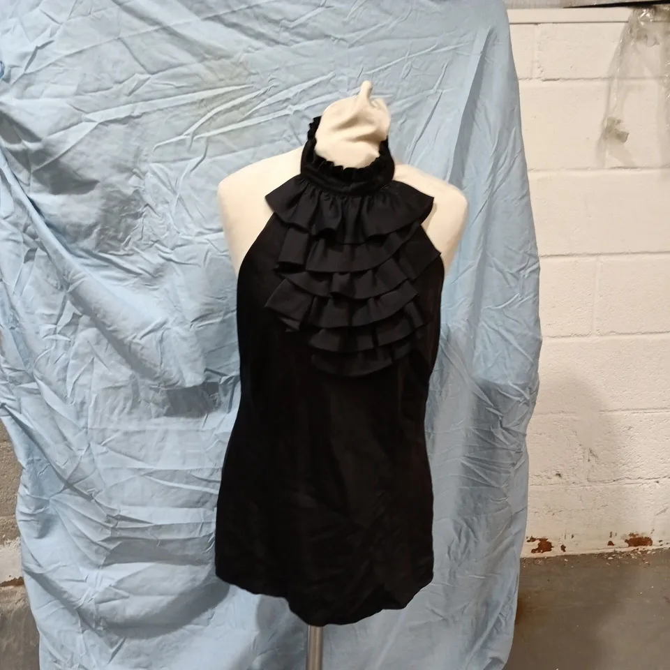 COAST BLACK HALTER-NECK DRESS WITH TIERED RUFFLES – UK SIZE 16
