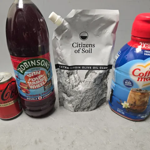 APPROXIMATELY 8 ASSORTED FOOD & DRINK ITEMS TO INCLUDE - COFFEE MATE , ROBINSONS SUMMER FRUITS , OLIVE OIL ETC