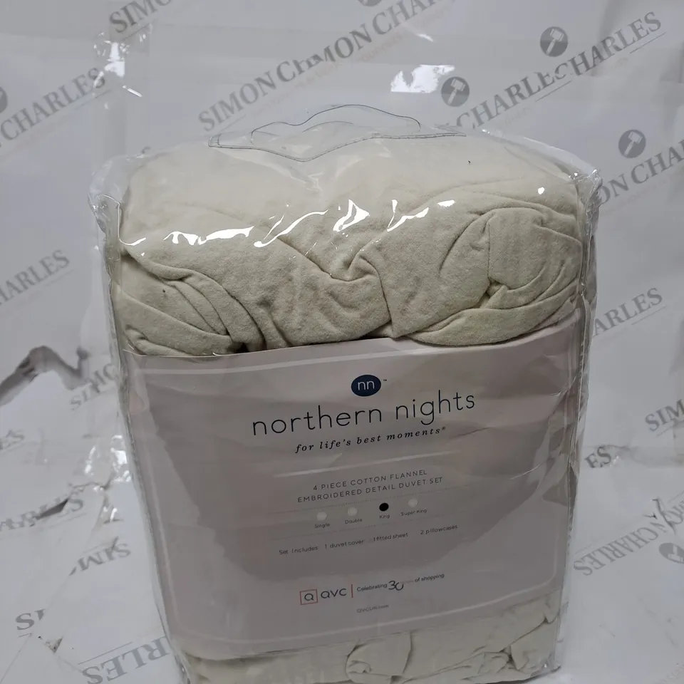 NORTHERN NIGHTS 100% COTTON 4PC FLANNEL DUVET SET WITH EMBROIDERY DETAIL KING SIZE
