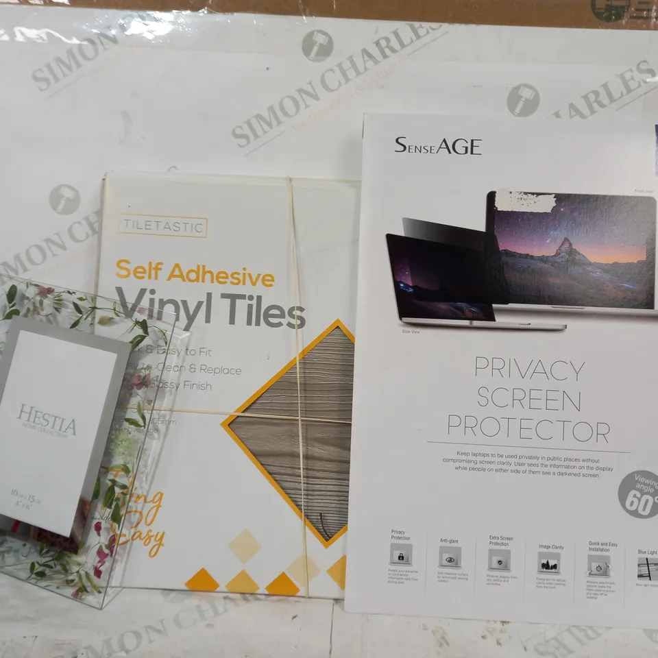 BOX OF APPROXIMATELY 10 ASSORTED HOUSEHOLD ITEMS TO INCLUDE SENSEAGE PRIVACY SCREEN PROTECTOR, TILETASTIC SELF ADHESIVE VINYL TILES, HESTIA HOME COLLECTION GLASS FRAME, ETC