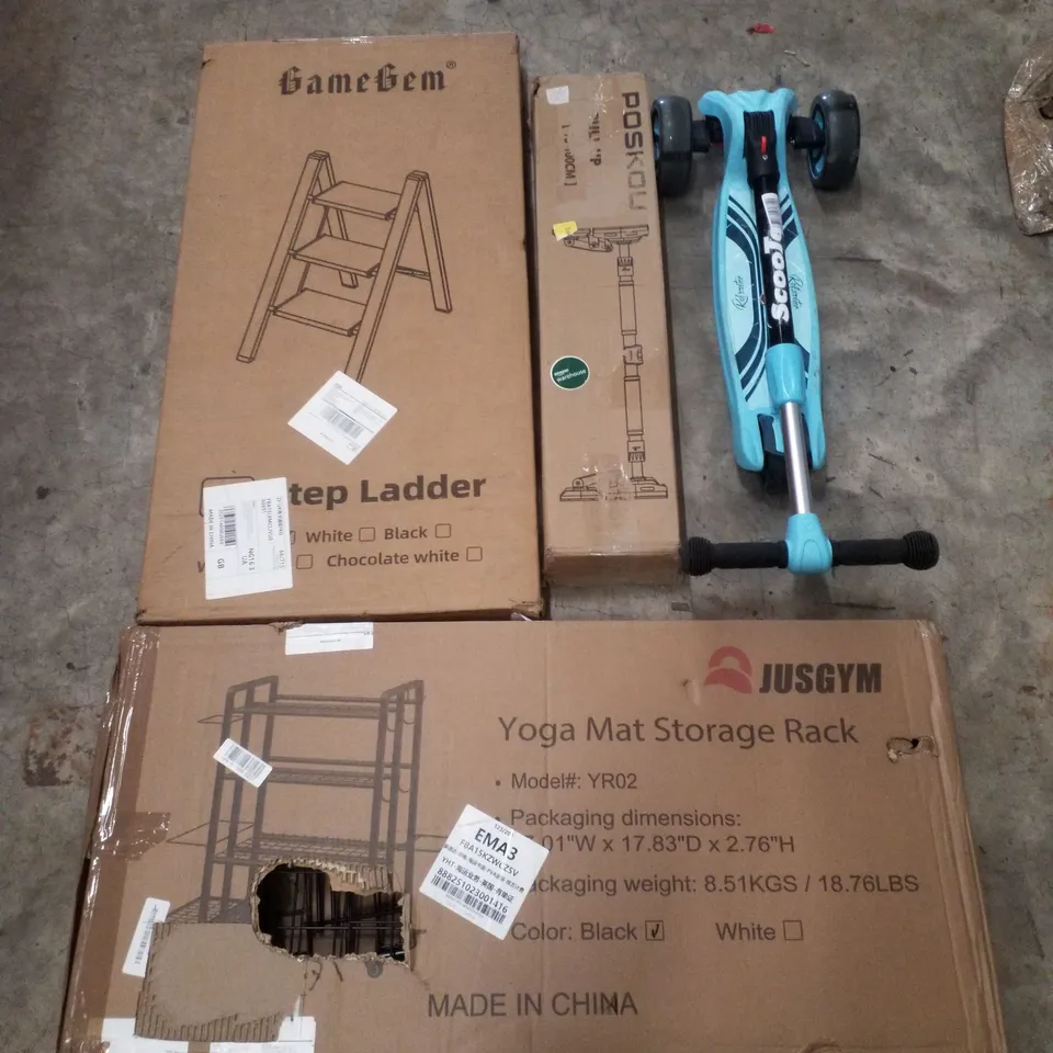 PALLET CONTAINING ASSORTED PRODUCTS INCLUDING STEP LADDER, KIDS SCOOTER, YOGA MAT STORAGE RACK & PULL UP BAR