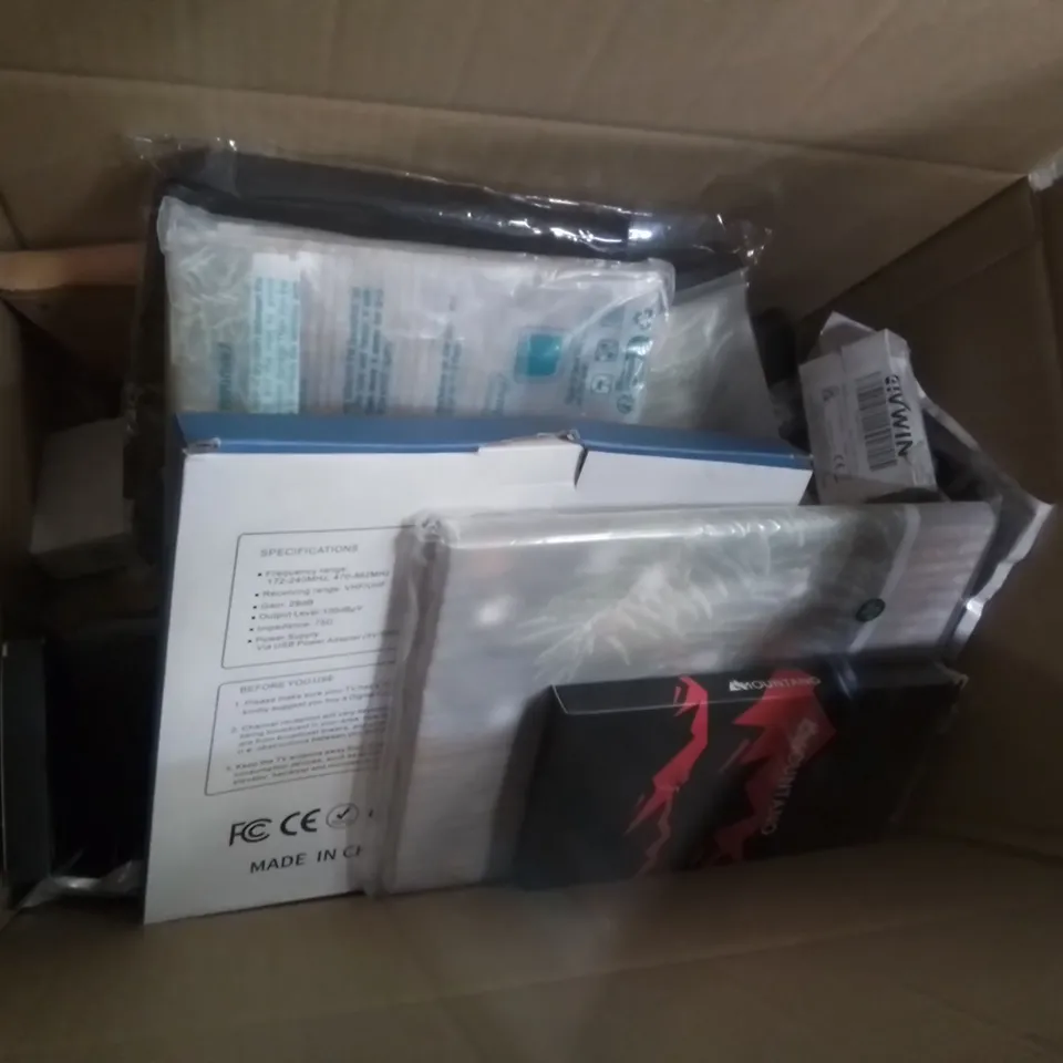 BOX OF ASSORTED ELECTRICAL GOODS TO INCLUDE; LED STRIP LIGHT, DIGITAL HD TV ANTENNA, MAN CITY RECORD BREAKERS DVD ETC