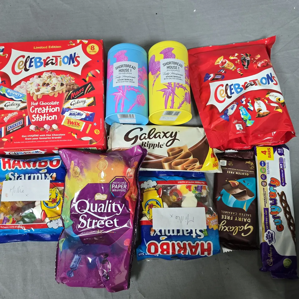 LOT OF 15 ASSORTED FOOD ITEMS TO INCLUDE CELEBRATIONS, QUALITY STREET AND SHORTBREAD TINS
