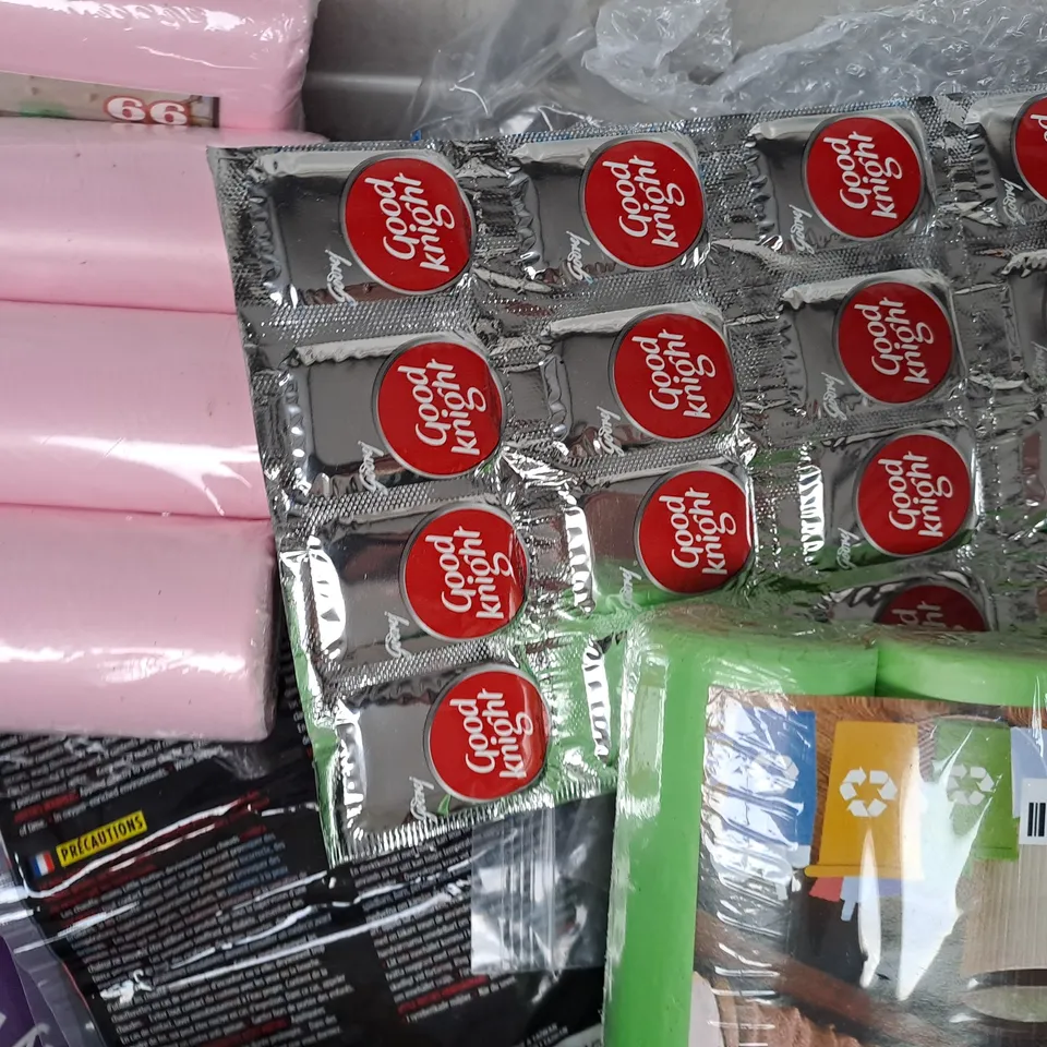 APPROXIMATELY 10 ASSORTED HOUSEHOLD ITEMS TO INCLUDE BIN BAGS, STAPLES, ETC