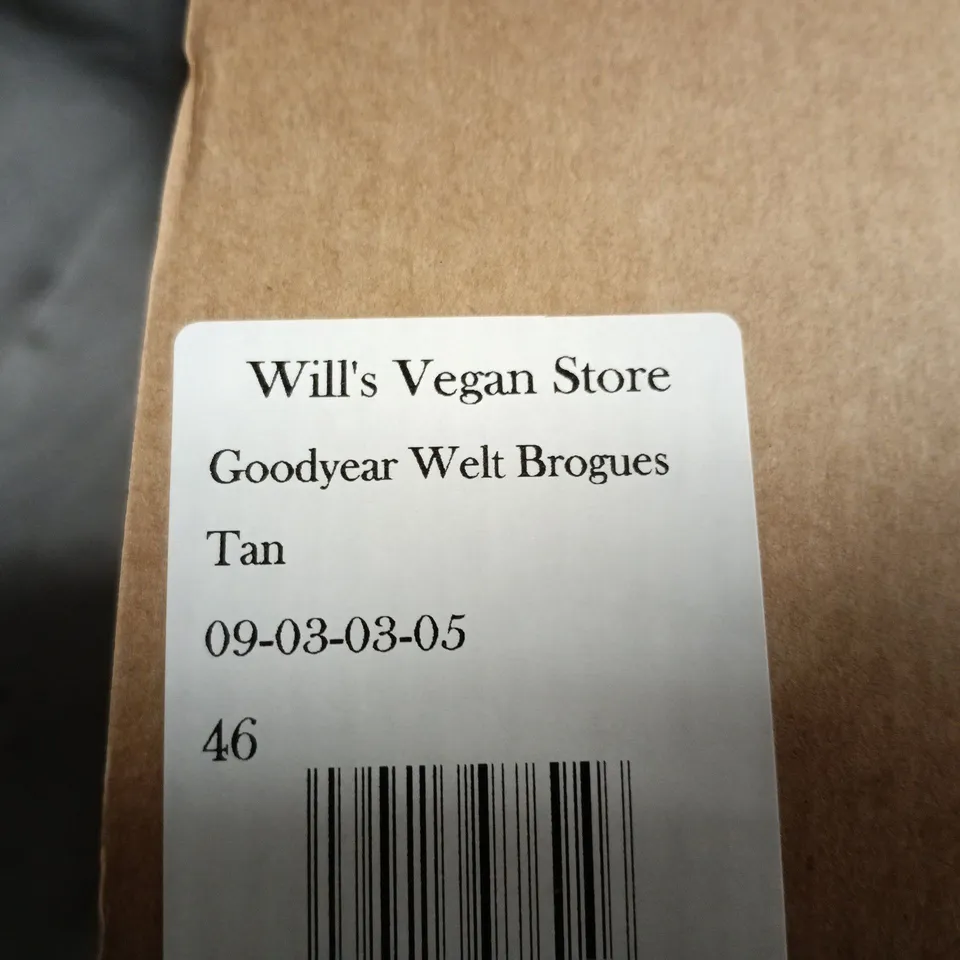 UK 11 WILL'S VEGAN SHOES GOODYEAR WELT BROGUES, TAN (EU 46)