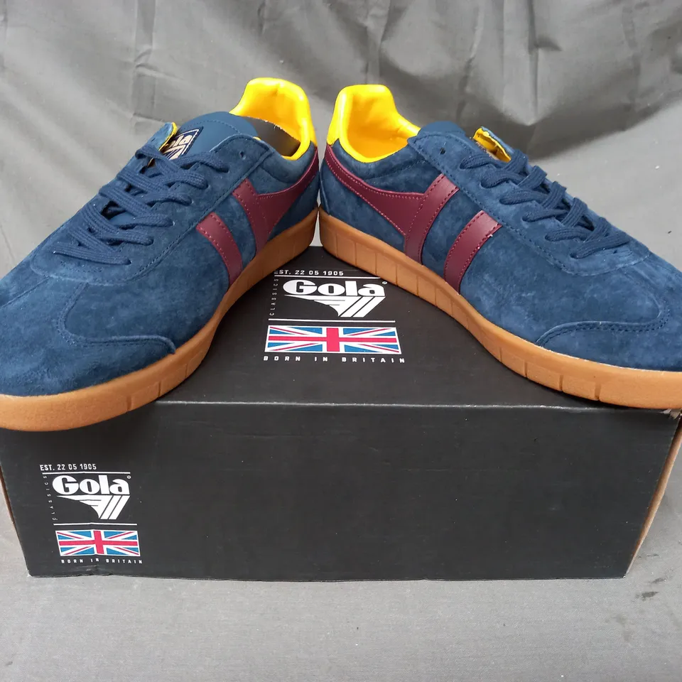 BOXED PAIR OF GOLA HURRICANE SUEDE SHOES IN NAVY/BURGUNDY/SUN UK SIZE 8