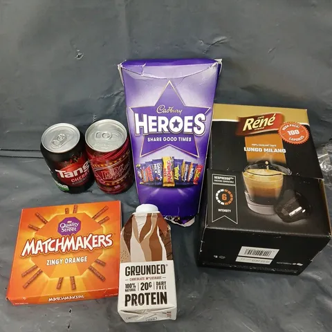 APPROXIMATELY 10 ASSORTED FOOD/DRINK PRODUCTS TO CADBURY HEROES, DR PEPPER DRINKS, RENE COFFEE PODS ETC - COLLECTION ONLY