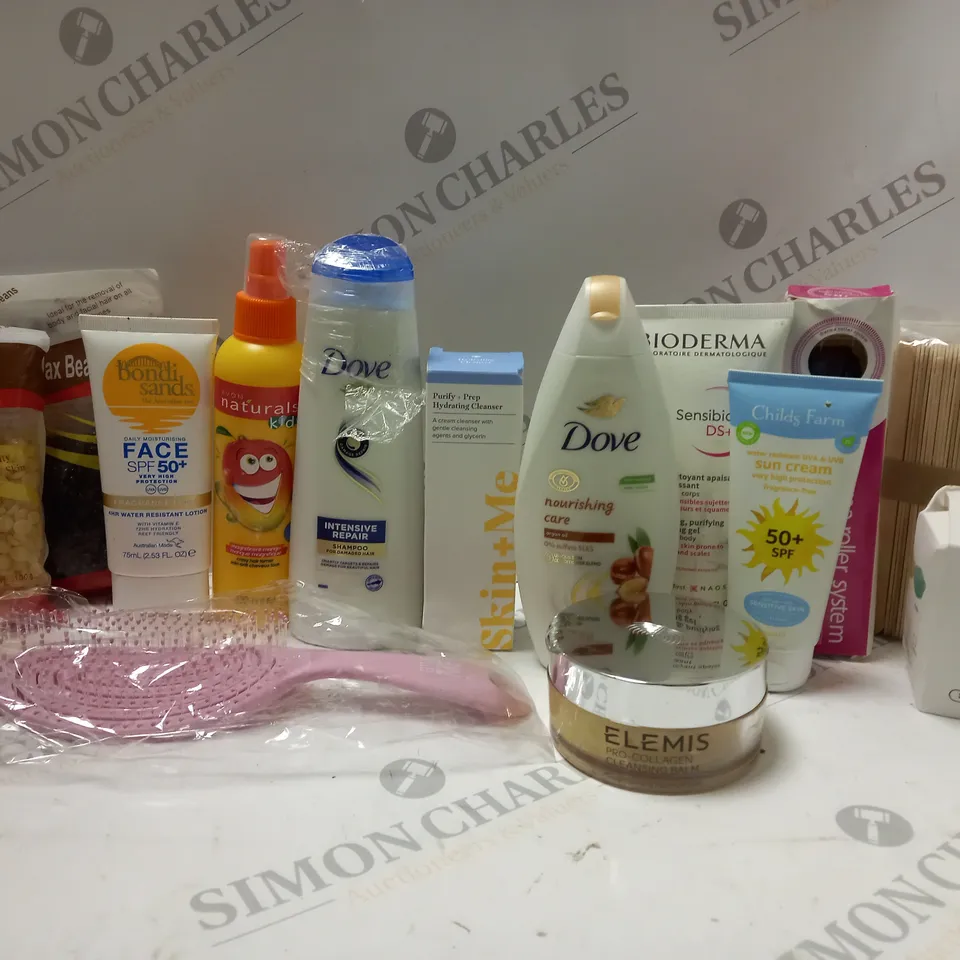 BOX OF APPROX 10 ASSORTED BEAUTY PRODUCTS TO INCLUDE DOVE SHAMPOO, DOVE BODY WASH, ELEMIS PRO-COLLAGEN CLEANSING BALM, ETC 