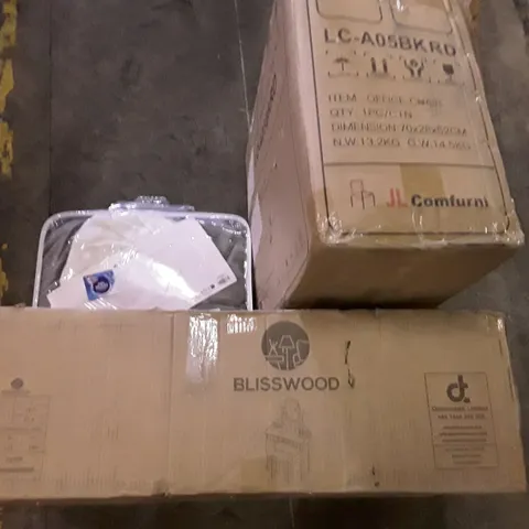 PALLET OF ASSORTED PRODUCTS INCLUDING OFFICE CHAIR, DRESSING TABLE WITH MIRROR, ELECTRIC HEATING BLANKET