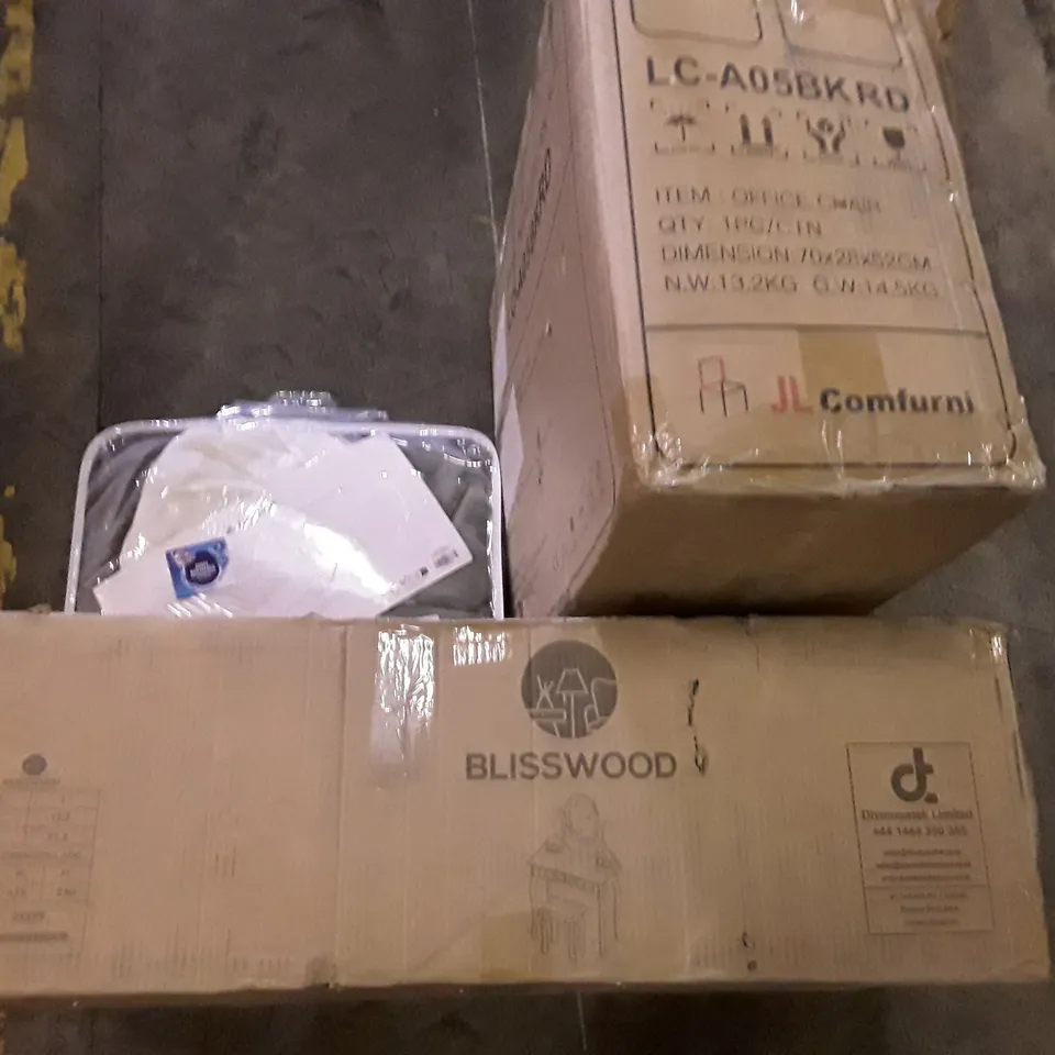 PALLET OF ASSORTED PRODUCTS INCLUDING OFFICE CHAIR, DRESSING TABLE WITH MIRROR, ELECTRIC HEATING BLANKET
