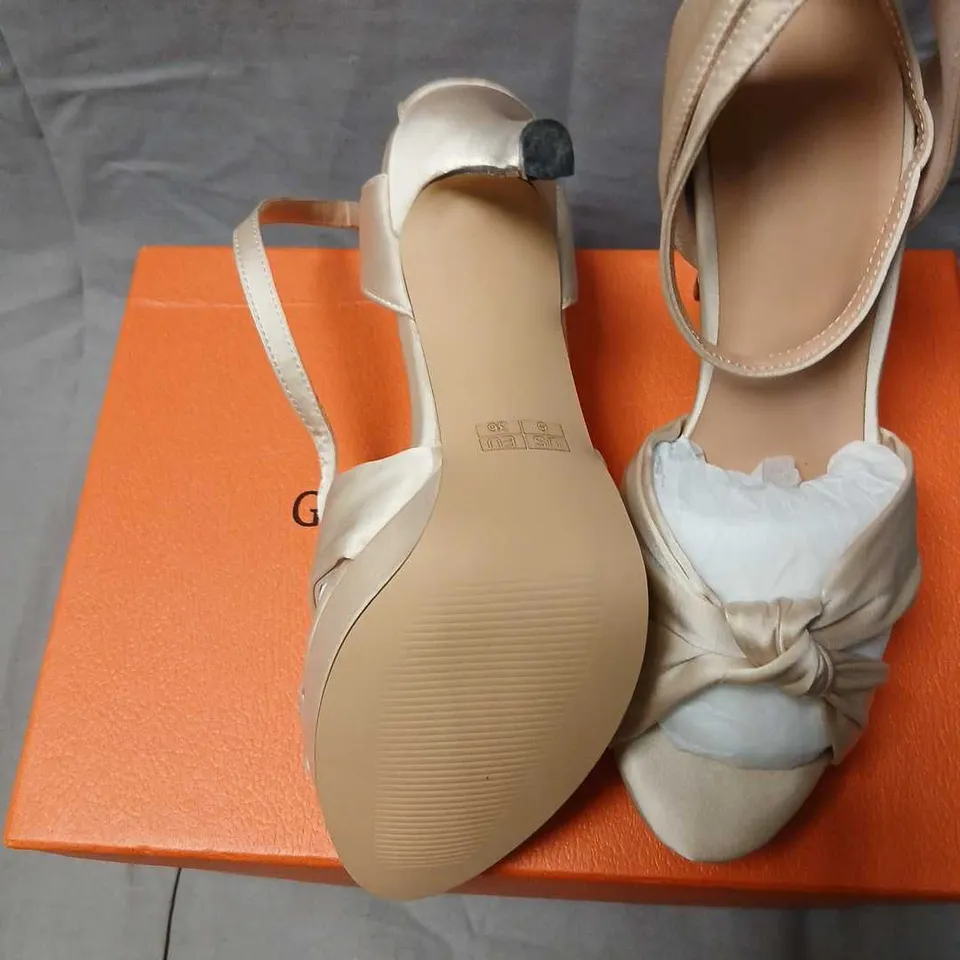 GRACE EVERY STEP NUDE SATIN KNOT-FRONT SANDALS WITH ANKLE STRAP – WOMEN'S HEELS SIZE 36