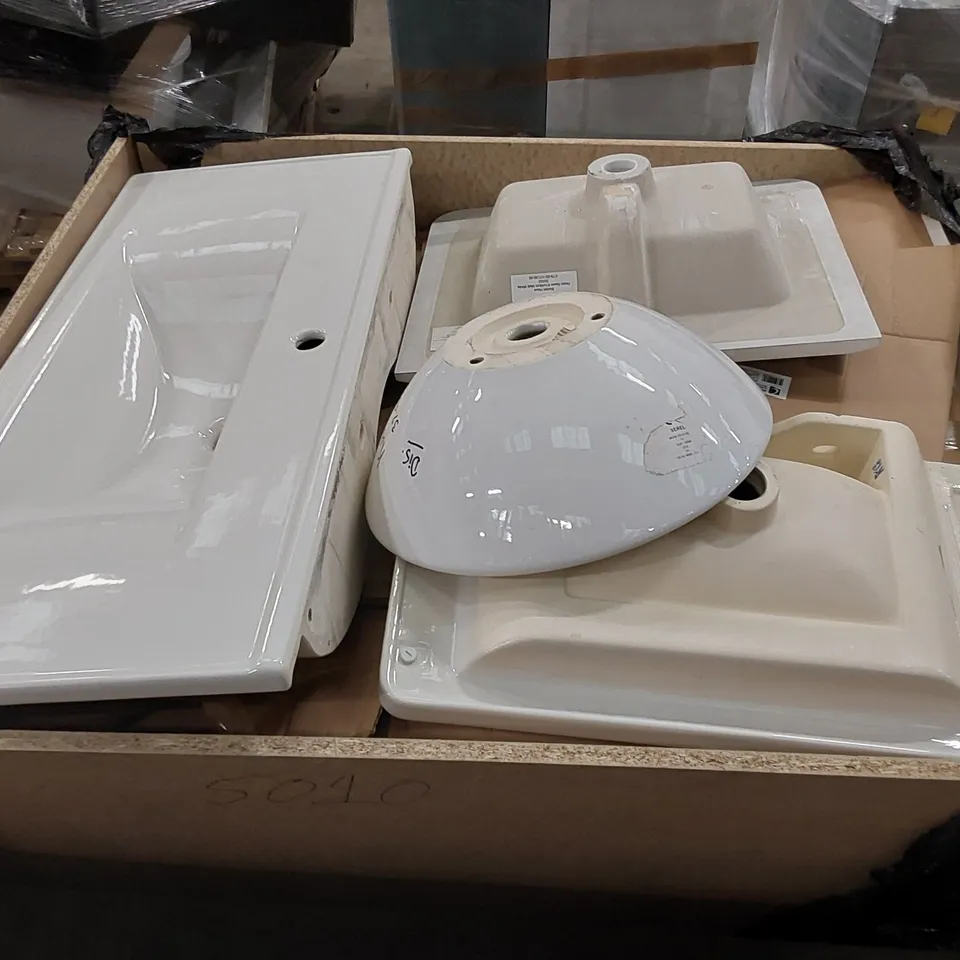 PALLET OF APPROX 15 X ASSORTED BATHROOM SINK BASINS. SIZES MAY VARY