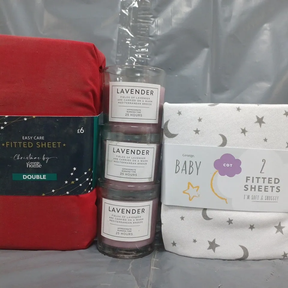 BOX OF APPROXIMATELY 10 ASSORTED HOUSEHOLD ITEMS TO INCLUDE FITTED SHEET, LAVENDER SCENTED CANDLE, BABY COT FITTED SHEET, ETC - COLLECTION ONLY