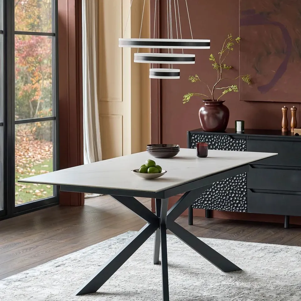 BOXED DANETTI HAYDEN WHITE MARBLED EFFECT CERAMIC EXTENDING 6 TO 8 SEATER DINING TABLE WITH BLACK LEGS (2 BOXES)