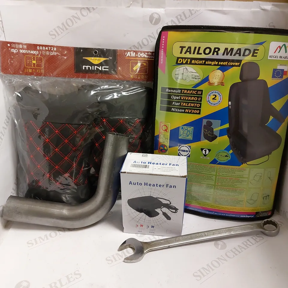 BOX OF APPROX 10 ITEMS TO INCLUDE AUTO HEATER FAN, TAILOR MADE DV1 RIGHT SINGLE SEAT COVER, MINC SUPPORT CUSHIONS
