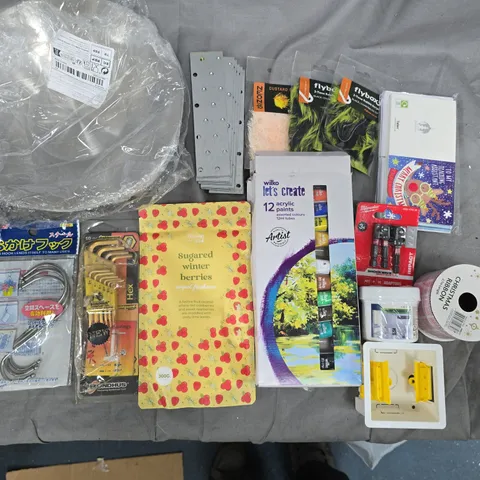 LOT OF ASSORTED HOUSEHOLD ITEMS TO INCLUDE ACRYLIC PAINTS, MILWAKEE DRILL BITS AND CHRISTMAS RIBBON
