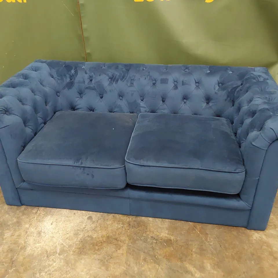 DESIGNER TWO SEATER CHESTERFIELD SOFA BLUE PLUSH FABRIC 