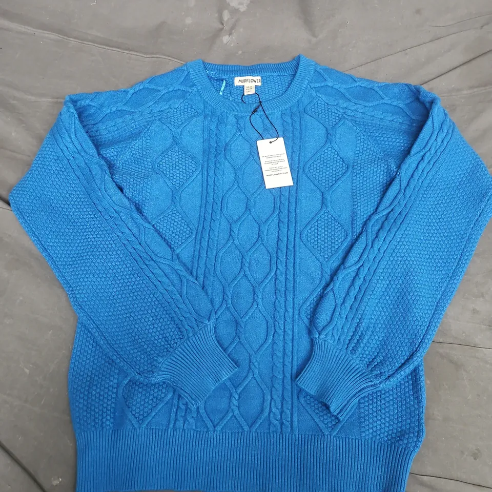 MUDFLOWER BLUE KNIT CABLE JUMPER, UK 10 