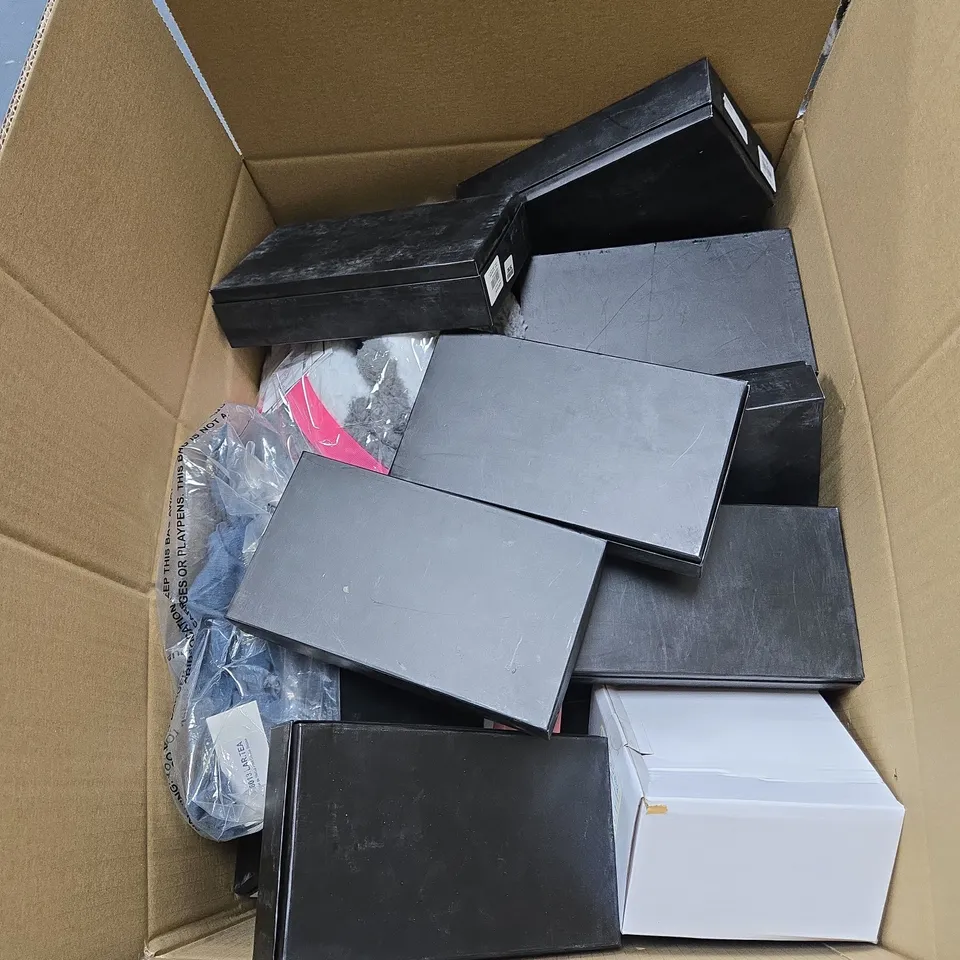 BOX OF APPROXIMATELY 20 ASSORTED HOUSEHOLD ITEMS TO INCLUDE PURSES, SNUGGLE HOODIE, CLOTHING, SALT SCARF, SOLAR STRING LIGHT ETC