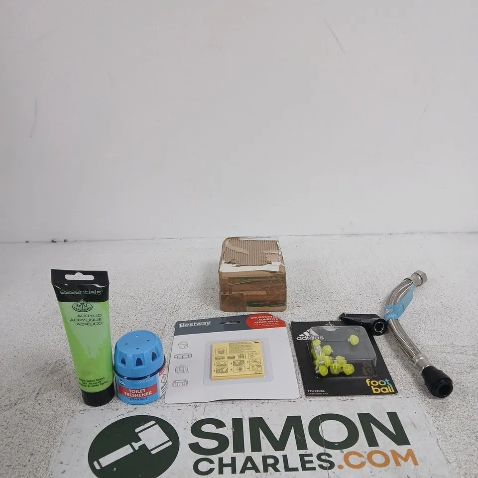 TOTE OF APPROXIMATELY 10 ASSORTED ITEMS INCLUDING XCEL HOMES 300MM LONG X 15MM PUSH FIT X 1/2 BSP FLEXI HOSE PIPE, ADIDAS TPU STUDS AND BESTWAY UNDERWATER ADHESIVE REPAIR PATCH