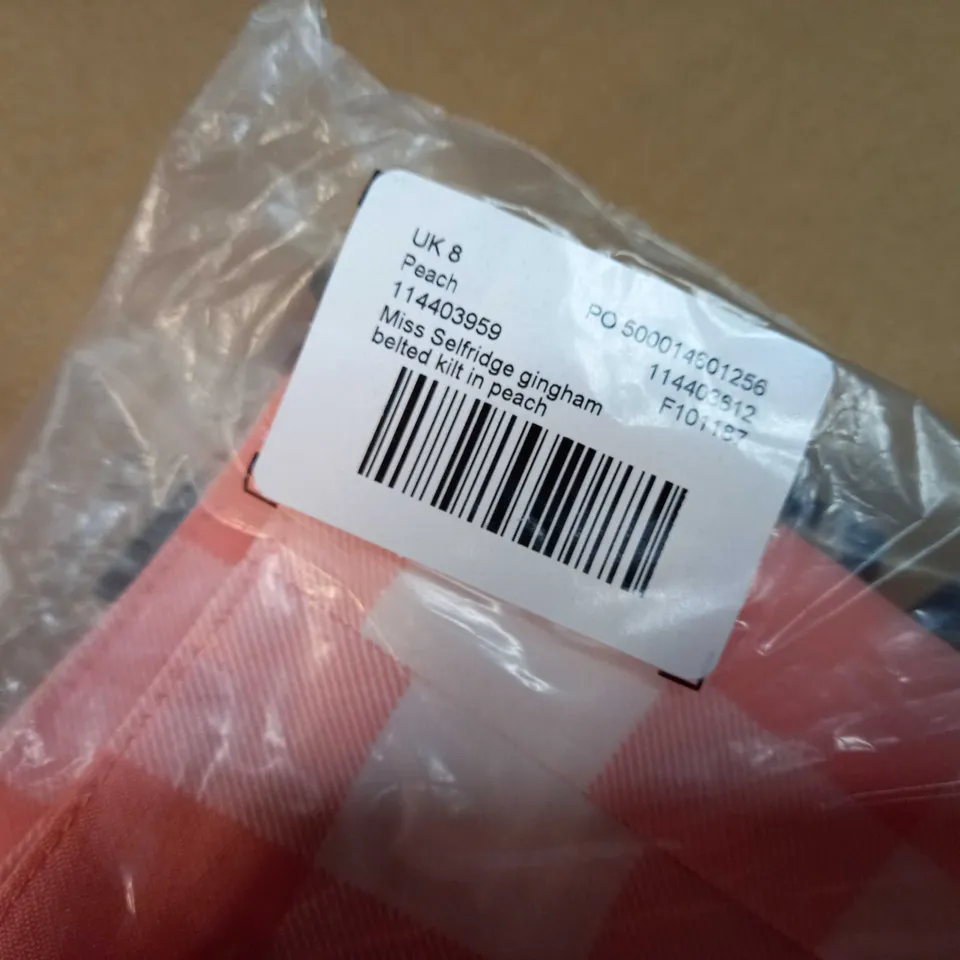PACKAGED MISS SELFRIDGE PEACH GINGHAM BELTED KILT - SIZE 8