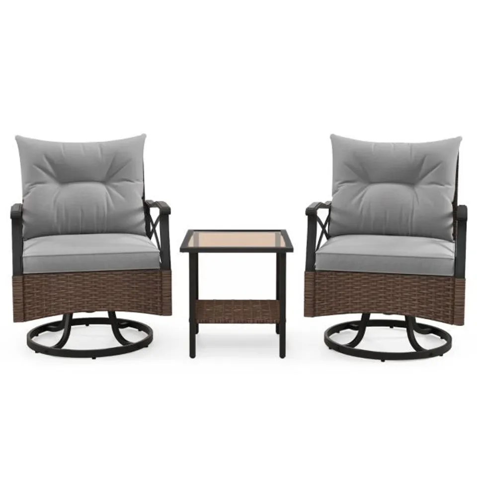 BOXED COSTWAY 3 PIECE PATIO SWIVEL ROCKER SET WITH 2-TIER COFFEE TABLE - BROWN