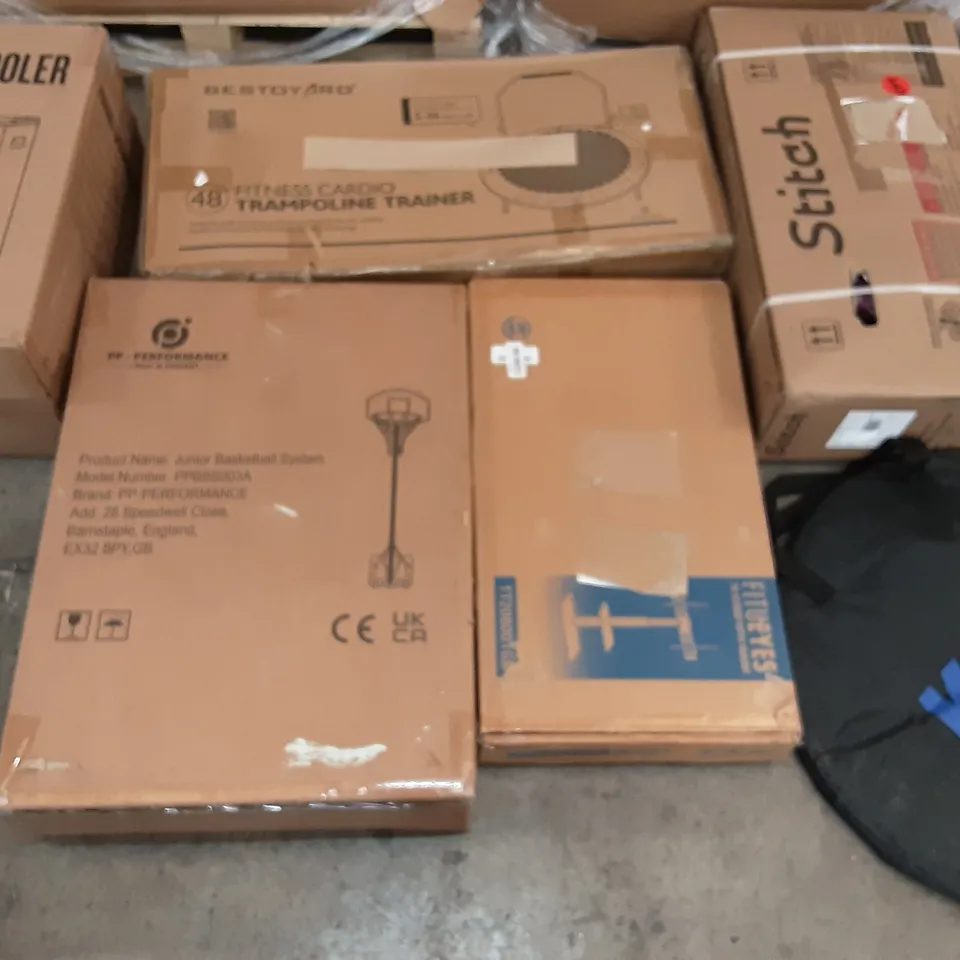 PALLET OF ASSORTED PRODUCTS INCLUDING JUNIOR BASKETBALL SYSTEM, AIR COOLER, FITUEYES TV STAND WITH MOUNT, BESTOYARD FITNESS CARDIONTRAMPOLINE TRAINER, LABEBE ROCKING HORSE 