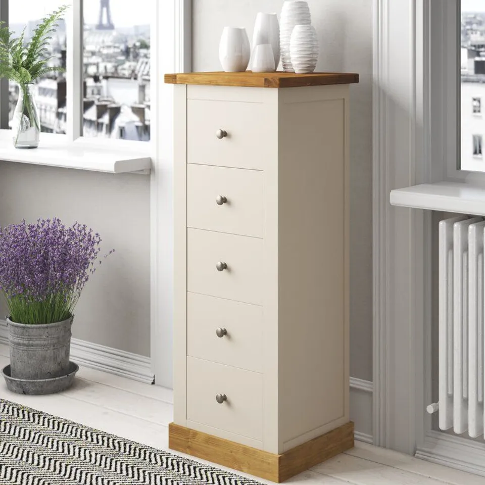 BOXED NARROW 5 DRAWER CHEST OF DRAWERS - WHITE & WAX