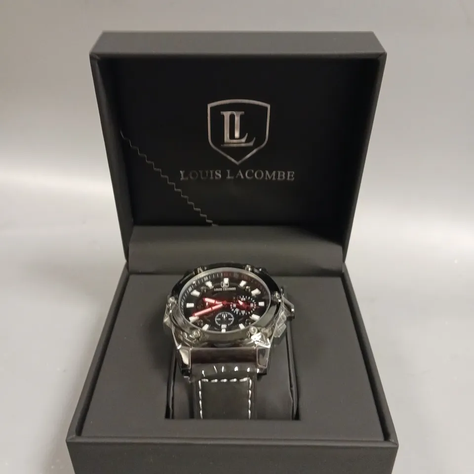 MENS LOUIS LACOMBE CHRONGRAPH WATCH – 3 SUB DIALS – SILVER COLOUR CASE – LEATHER STRAP