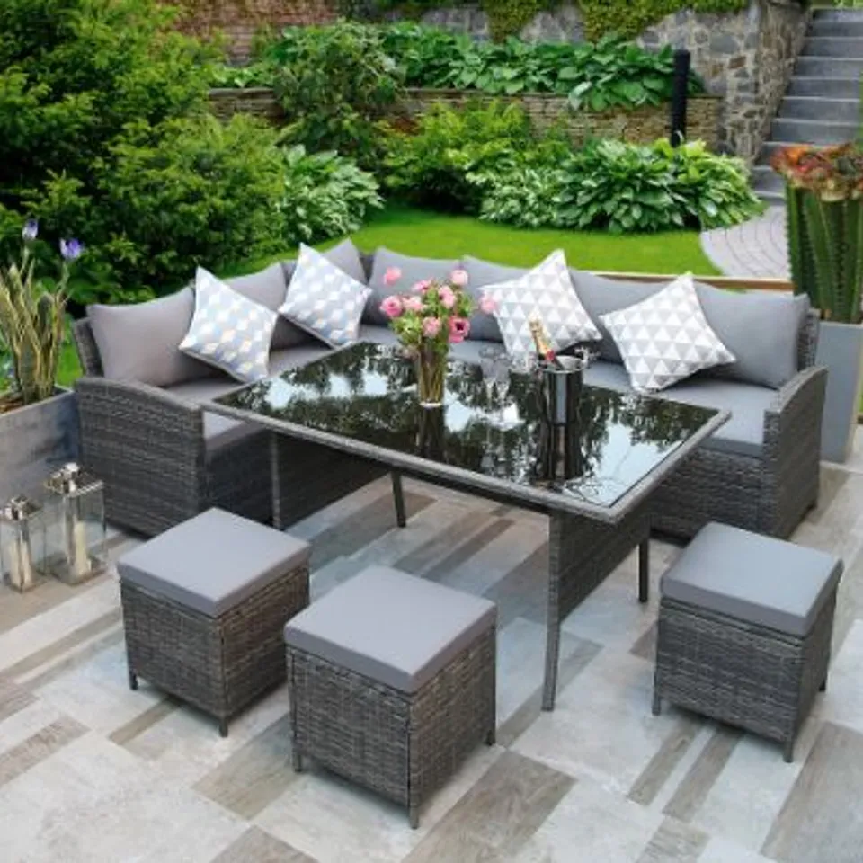 BRAND NEW BOXED ALISON AT HOME PETWORTH GREY RATTAN DINING SET(THREE BOXES) RRP £1275
