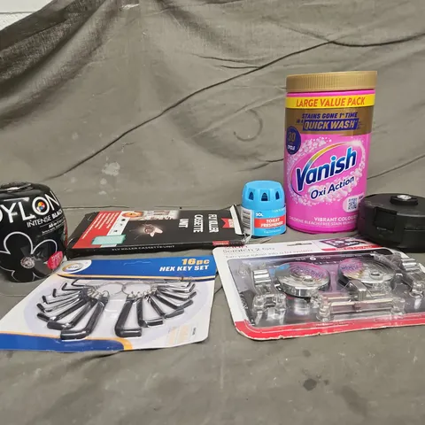 APPROXIMATELY 15 ASSORTED HOUSEHOLD ITEMS TO INCLUDE DYLON INTENSE FABRIC DYE, VANISH OXI ACTION, HEX KEY SET, ETC
