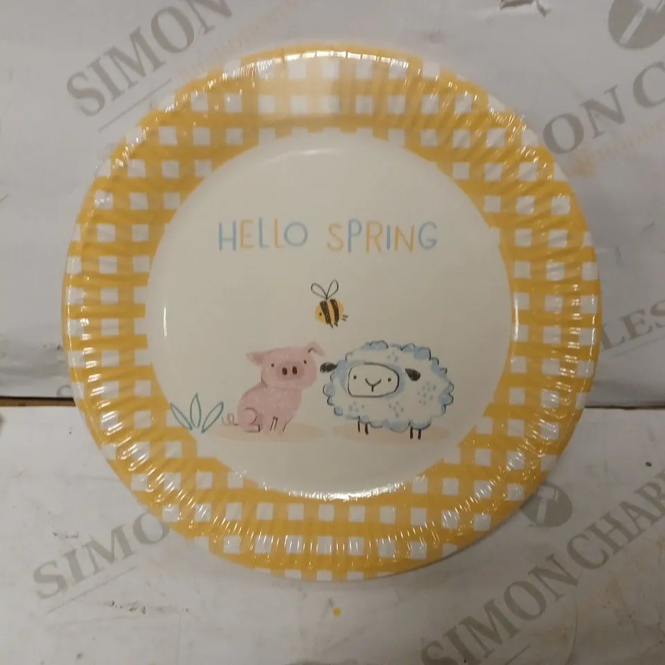 BOX OF 14 PACKETS OF 12 BRAND NEW "HELLO SPRING" PAPER PLATES