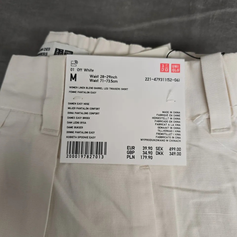 UNIQLO WOMEN'S OFF-WHITE LINEN BLEND BARREL-LEG TROUSERS, SIZE M (WAIST 28–29IN)