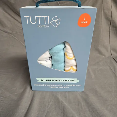 BOXED TUTTI BAMBINI MUSLIN SWADDLE WRAPS 3 PACK