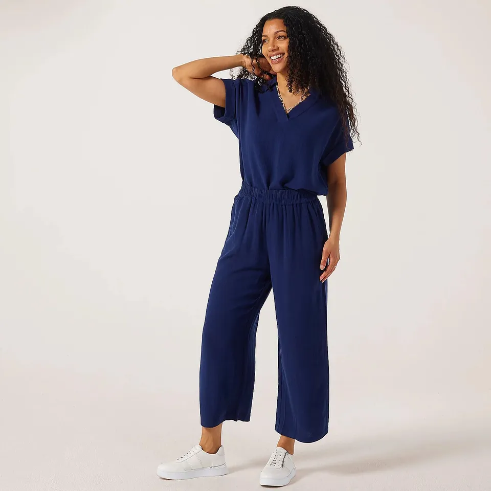 RUTH LANGSFORD PULL ON CROPPED LINEN BLEND TROUSERS PETITE BLUE SIZE 18